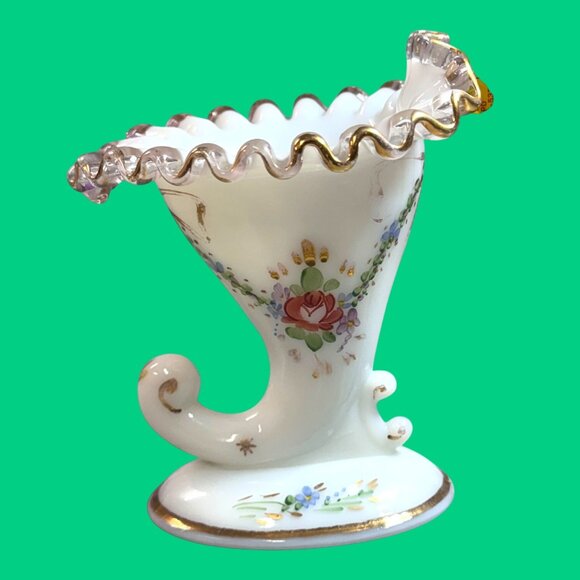 Fenton Cornucopia Milk Glass Gold Crested Bud Vase Hand Painted Floral Design - Picture 7 of 8
